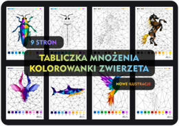 Kolorowanka według wyników mnożenia - VOL 2- (9 stron) zestaw podstawowy na dzień tabliczki mnożenia, mnożenie 1-10, wielokrotności