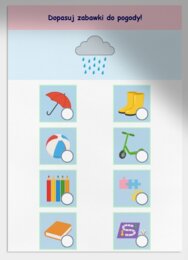 Karty pracy. Dopasowywanie zabawek do pogody. Grafomotoryka. Kolorowanki tematyczne.