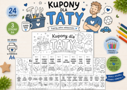 Kupony dla Taty do Kolorowania – 24 Kupony DIY dla Dzieci | Prezent na Dzień Taty PDF A4