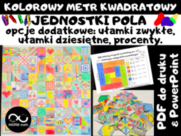 Projekt grupowy: KOLOROWY METR KWADRATOWY. Jednostki długości, pole, jednostki pola, opcje dodatkowe: ułamki zwykłe, ułamki dziesiętne, procenty.