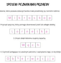 Sposoby poznawania przyrody - krzyżówka do rozwiązania przez uczniów