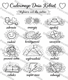 DZIEŃ KOBIET – kolorowanka A4 do druku + kolorowa kartka A4; życzenia na Dzień Kobiet; karta pracy