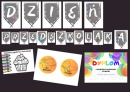 Dzień przedszkolaka - napis, dyplom, 1x koloruj po numerach, medale (chłopiec, dziewczynka)