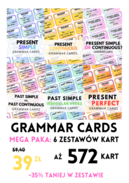 ZESTAW: MIX CZASÓW - GRAMMAR CARDS - 6 zestawów - 572 kart - czasy - uzupełnianie luk - gramatyka - Present Simple - Present Continuous - Past Simple - Present Perfect - Past Continuous