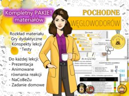 Chemia. Klasa 8. Pochodne węglowodorów. Alkohole. Kwasy karboksylowe. Estry. Aminokwasy. Kompletny PAKIET materiałów do całego działu dla nauczyciela. Prezentacja. Karta pracy. Gra dydaktyczna. Zadanie. Sketchnotka. Powtórzenie wiadomości. TEST. Kartkówk