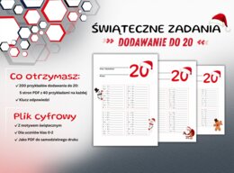 Dodawanie do 20 - Świąteczne zadania matematyczne - Gotowy zestaw 200 działań matematycznych do druku dla dzieci z klas 0–2 + klucz odpowiedzi