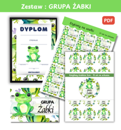 Zestaw Etykiety, Medaliony, Dyplom, Naklejka z nazwą grupy - Dla Grupy Żabki