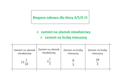 Biegana zabawa. Zamień ułamek niewłaściwy na liczbę mieszaną i na odwrót. Klasa 4/ klasa 5