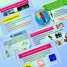 Zjawiska magnetyczne - pole magnetyczne magnesu stałego i Ziemi. (prezentacja multimedialna 16 slajdów+karta pracy)