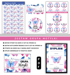 Zestaw Etykiety, Medaliony, Dyplom, Naklejka z nazwą grupy - Dla Grupy Motylki