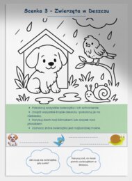Karty pracy z kolorowaniem scenek z deszczową pogodą