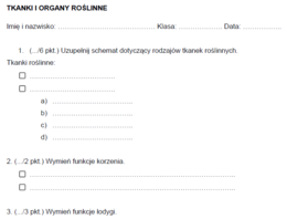 tkanki i organy roślinne - sprawdzian