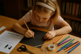 Teatrzyk cieni: własnoręcznie zrobione figurki z tektury, lampa, biała ściana.