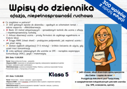 Wpisy do dziennika - Niepełnosprawność ruchowa, afazja, klasa 5, Nauczyciel współorganizujący (NWK)