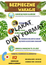 Plakat "Bezpieczne Wakacje – Porady i Numery Alarmowe" – idealny do szkoły, świetlicy, biblioteki, instytucji publicznych