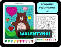 Kolorowanka matematyczna, pokoloruj wyniki dodawania i odejmowania, Walentynki, miś,  dodawanie w zakresie 10