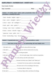 KARTA PRACY NA DZIEŃ TATY – FATHER’S DAY WORKSHEET, KLASY 4-8 SZKOŁY PODSTAWOWEJ- ćwiczenia znajomości przymiotników i zdań opisujących, zadania pisemne
