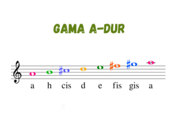 Muzyka. Nauka nut. Gama A-dur w kluczu wiolinowym. Duża, kolorowa czcionka.