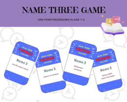 Name three - wymień trzy, gra powtórzeniowa dla klas 1-3 szkoły podstawowej w stylu 5 sekund, język angielski, 100 pytań, słownictwo, dodatkowo pusty szablon