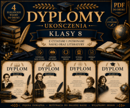 📚 Dyplomy ukończenia klasy 8 – 4 eleganckie wzory z cytatami i patronami (PDF)