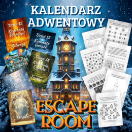 KALENDARZ ADWENTOWY - ESCAPE ROOM - Adwent, Boże Narodzenie, Święta, łamigłówki, opowiadania, gra, zadania, szyfr, kod, wartości, godzina wychowawcza, klasa 1, 2, 3, 4, 5, zerówka, karty pracy, dodawanie, liczby, liczenie