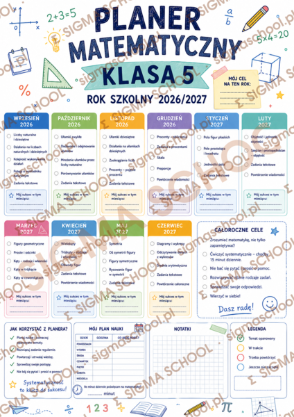 Planer Matematyczny dla Klasy 5 - Rok Szkolny 2026/2027 - Kolorowy Arkusz Edukacyjny