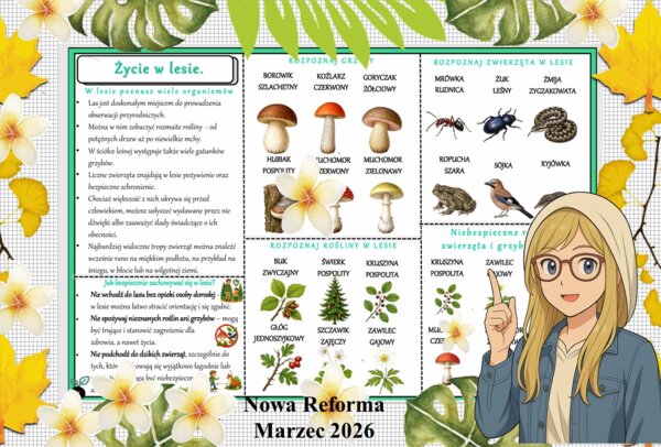 Sketchnotka/notatka - dla ucznia i przypomnienie dla nauczyciela w pdf. Temat "Życie w lesie". Przyroda 4. "Odkrywam przyrodę" zgodna z wydawnictwem Nowa Era. Dział "Życie na lądzie".
