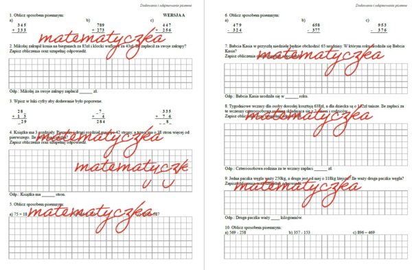 Dodawanie i odejmowanie sposobem pisemnym, przykłady i zadania - sprawdzian, karty pracy kl. 4 - wersja A i B