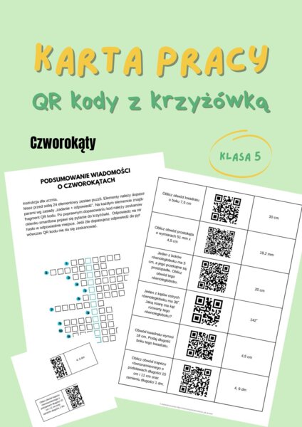 Podsumowanie wiadomości o czworokątach, QR kody i krzyżówka, klasa 5