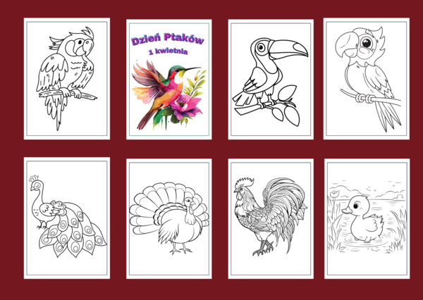 DZIEŃ PTAKÓW – Galeria portretów – kolorowanka – kolorowanki – WIOSNA – biblioteka – świetlica – przedszkole – 49 wersji
