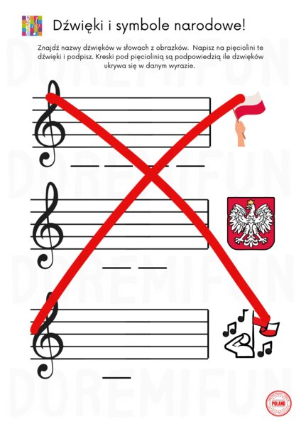 Karta pracy - nazwy dźwięków w symbolach narodowych.