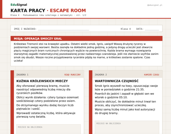 Escape Room MATEMATYKA klasa 4 | Powtórka KONIEC ROKU | Operacja Smoczy Graal — 5 zagadek + fiszki narracyjne