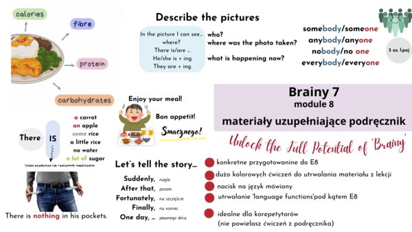 Brainy 7, rozdział 8, materiały uzupełniające podręcznik, countable/uncountable nouns, indefinite pronouns, ordering food, E8