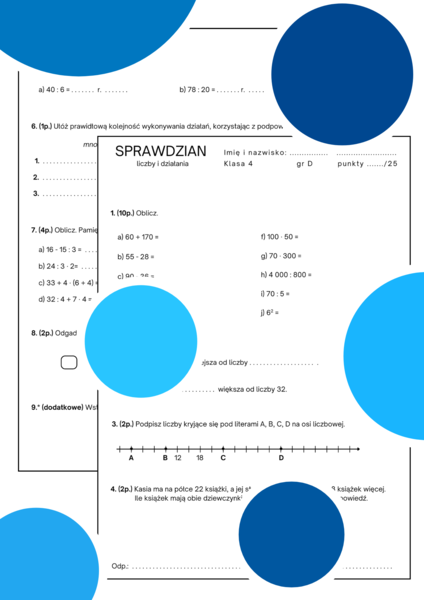 Sprawdzian - liczby i działania. Klasa 4. GWO