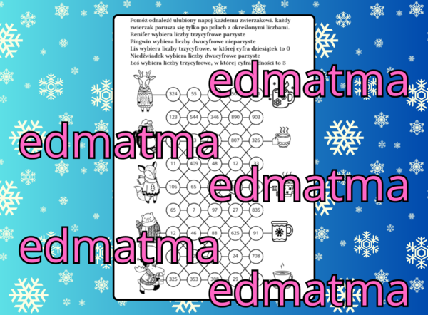 Zimowa karta pracy - matematyczne zwierzątka - system dziesiątkowy