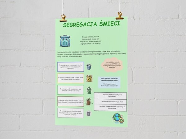 Kolorowe plakaty. Zasady segregacji śmieci, łańcuch pokarmowy, cykl obiegu wody w przyrodzie.