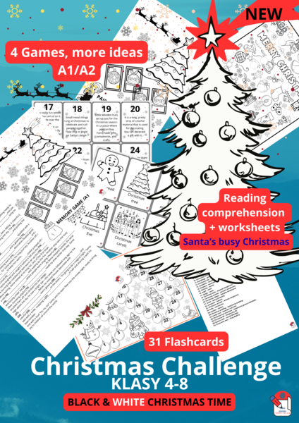 WHITE & BLACK CHRISTMAS CHALLENGE klasy 4-8 - PLIK CZARNO-BIAŁY -*GRY*31 Flashcards* Zagadki* Karty pracy* Kolorowanki*- OGARNIJ ŚWIĘTA JEDNYM PLIKIEM 50str.