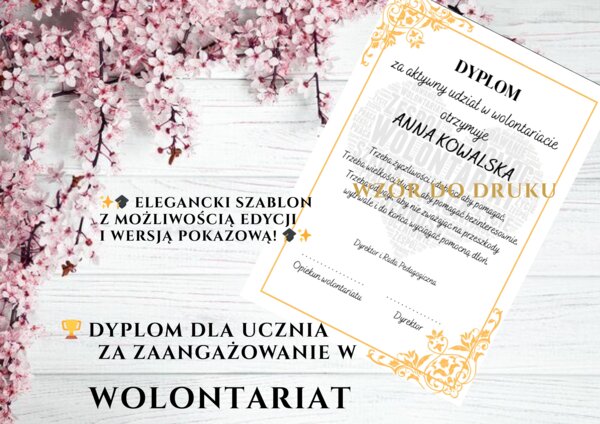 🏆 Dyplom za Wolontariat – elegancki szablon do druku 🌟