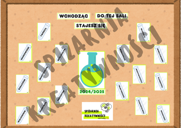 WCHODZĄC DO TEJ SALI STAJESZ SIĘ ... 2024/2025 (gazetka ścienna, wersja z probówkami)