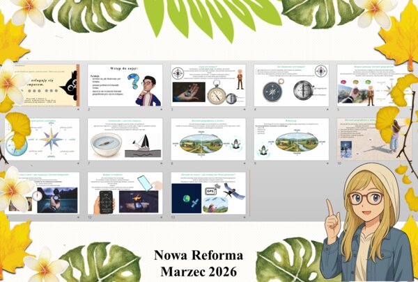 Prezentacja multimedialna w PowerPoint do edycji „Posługuję się kompasem” wykonana na podstawie podręcznika „Przyroda” Nowa Era. Przyroda 4. Dział „Spotkanie z przyrodą”.
