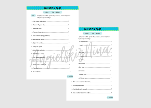 Question Tags - Check yourself! - zestaw 2 kart pracy - dwa poziomy trudności - 2 wersje  - karta pracy - test - kartkówka - powtórka - pytania rozłączne - egzamin ósmoklasisty - matura
