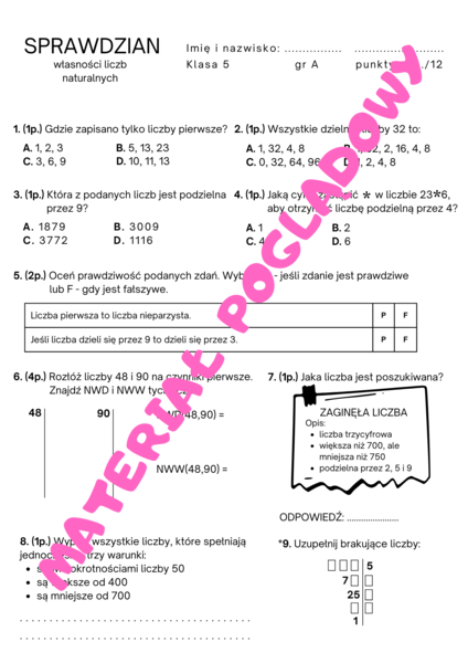 Własności liczb naturalnych - sprawdzian (powtórzenie) klasa 5