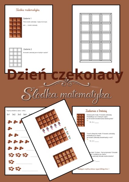 Dzień Czekolady Słodka matematyka klasa 2  - 5 kart pracy : mnożenie, dzielenie, zadania z treścią, kolorowanka, piosenka