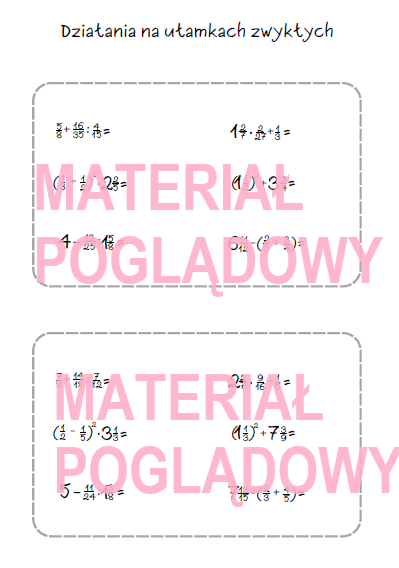 Szybkie karteczki - dodawanie, odejmowanie, mnożenie, dzielenie ułamków, działania na ułamkach (karta pracy, kartkówka kl 4, 5, 6, 7, 8)