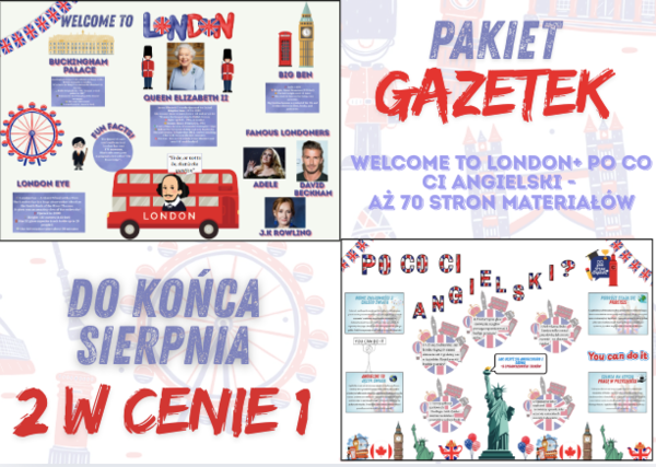 🇬🇧✨ MEGA PAKA - Welcome to London & Po co Ci angielski- 2 gazetki w cenie 1| 68 stron A4 i mniejszych| 2 duże plakaty|