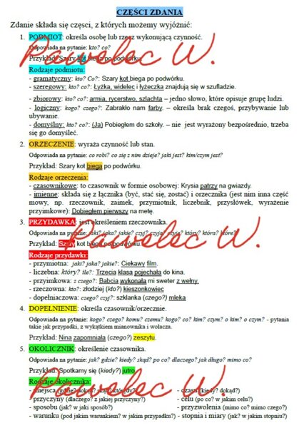 CZĘŚCI ZDANIA: podmiot, orzeczenie, dopełnienie, przydawka, okolicznik - plakat, notatka z wyjaśnieniem i przykładami