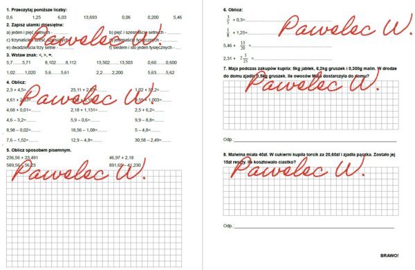 UŁAMKI DZIESIĘTNE dodawanie i odejmowanie - zadania, karta pracy, sprawdzian, kl 5, 6