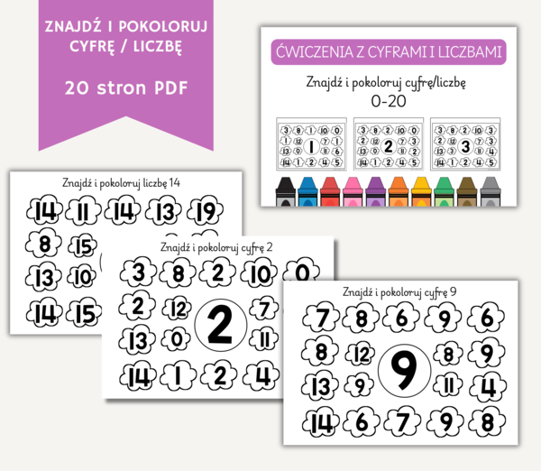 Ćwiczenia Nauki liczb od 0-20. Znajdź I pokoloruj cyfrę/liczbę. 20 stron PDF