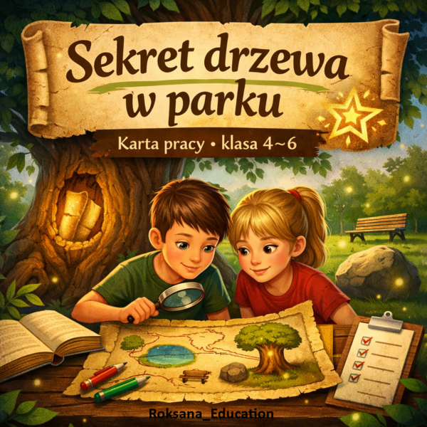 🌳 Sekret drzewa w parku – karta pracy z czytania ze zrozumieniem (kl. 4–6) + zadania językowe