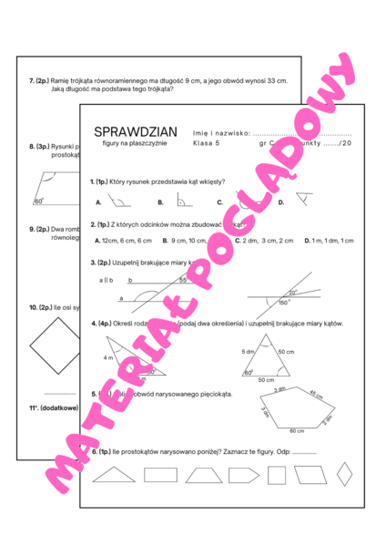 Sprawdzian/karta pracy - figury na płaszczyźnie. Geometria. Klasa 5